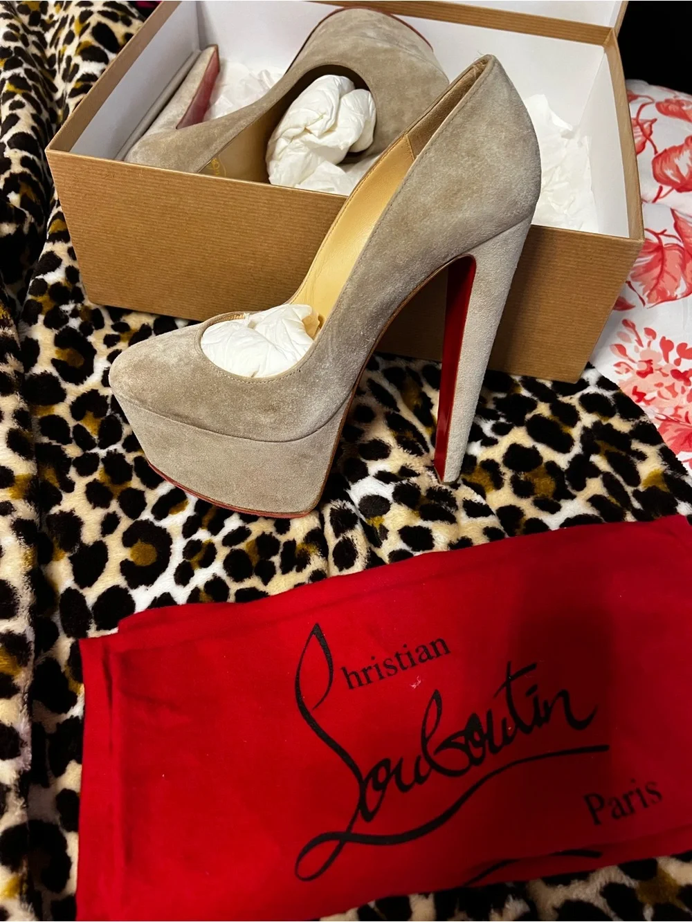 Christian Louboutin Taupe Suede Platform Pumps with Red Sole
